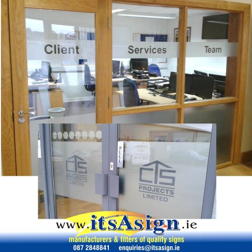 Window graphics in office supplied fitted applied by Dundalk sign company itsAsign.ie